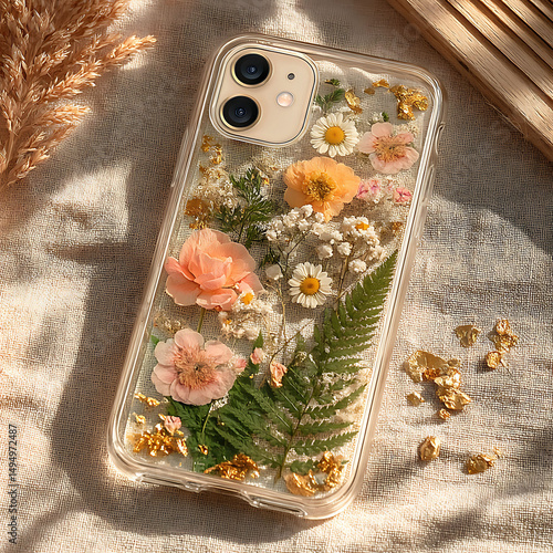 Aesthetic phone case with pressed flowers and gold flakes. Artistic, unique, natural. Use for creative concepts, lifestyle, fashion, handmade items, or floral themes.