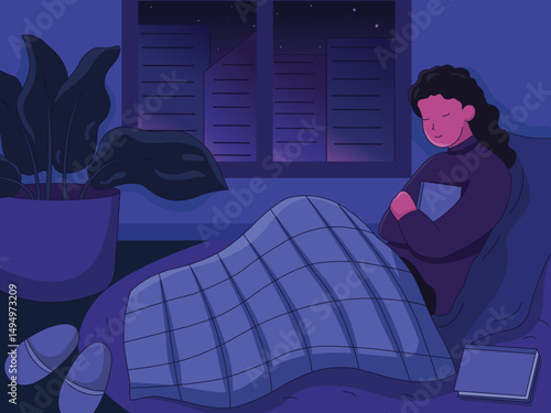illustration of a woman holding a book in bed in Lo-Fi style