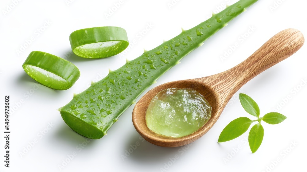 Obraz premium Fresh Aloe Vera Slices and Gel in Wooden Spoon on White Background for Natural Healthcare