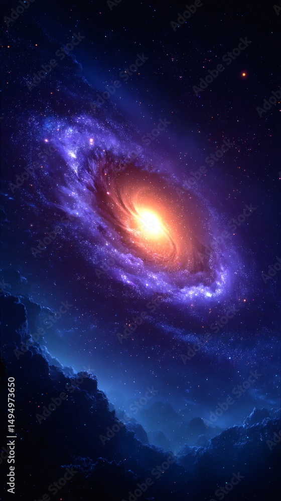 Fototapeta premium Stunning Cosmic Spiral Galaxy with Bright Center and Nebula Clouds