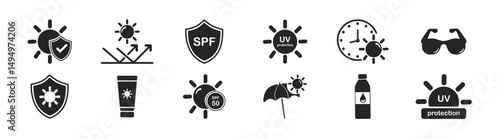 Sun protection icon set. SPF protection logo icons. Contains icons sunscreen, ultraviolet, sunglasses, spf protection, umbrella, sunburn and more. 
