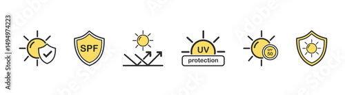Sun protection icons. UV protection icon set. Skin care symbol, summer related vector glyph icons, isolated illustration