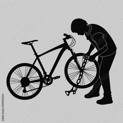 a person locking a bicycle silhouette vector design art and illustration