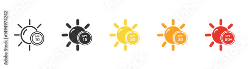 Collection of SPF sun protection labels. Colorful creative vector illustration in simple flat style for sunscreen and tan products
