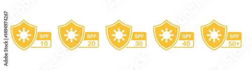 SPF protection icons. Vector set of sun protection icons. UV protection for skin. Sunscreen logo set.