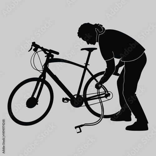 a person locking a bicycle silhouette vector design art and illustration
