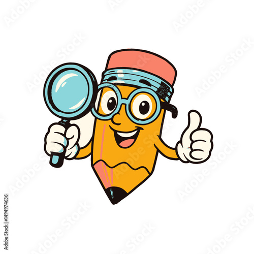 Icon Pencil Character with Magnifying Glass and Thumbs Up