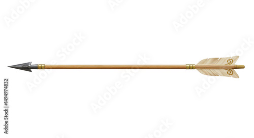 Isolated Wooden Arrow with Metal Tip and Feather Fletching