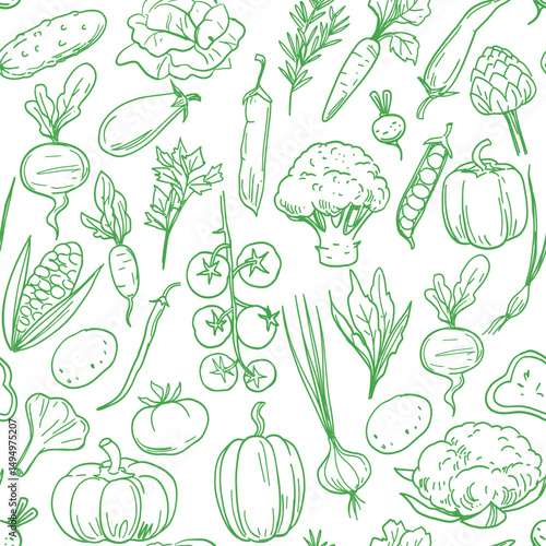 Vegetables, set of sketch food illustrations, seamless pattern, vector, hand drawn, monochrome