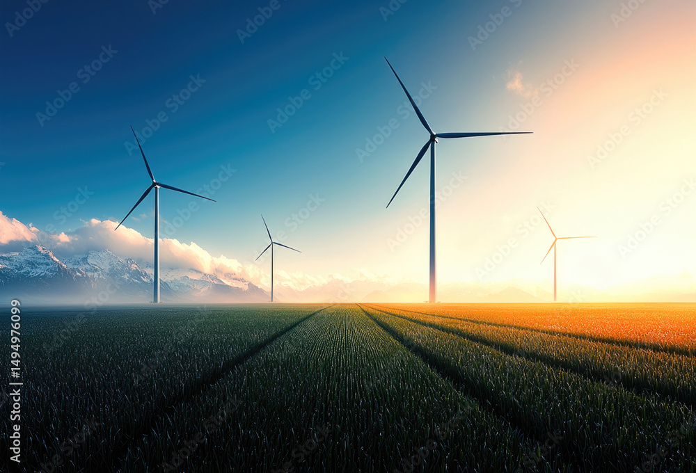 Obraz premium Wind turbine grassland sunrise mountain landscape clean energy peaceful sky. serene sunrise over vast grassland with wind