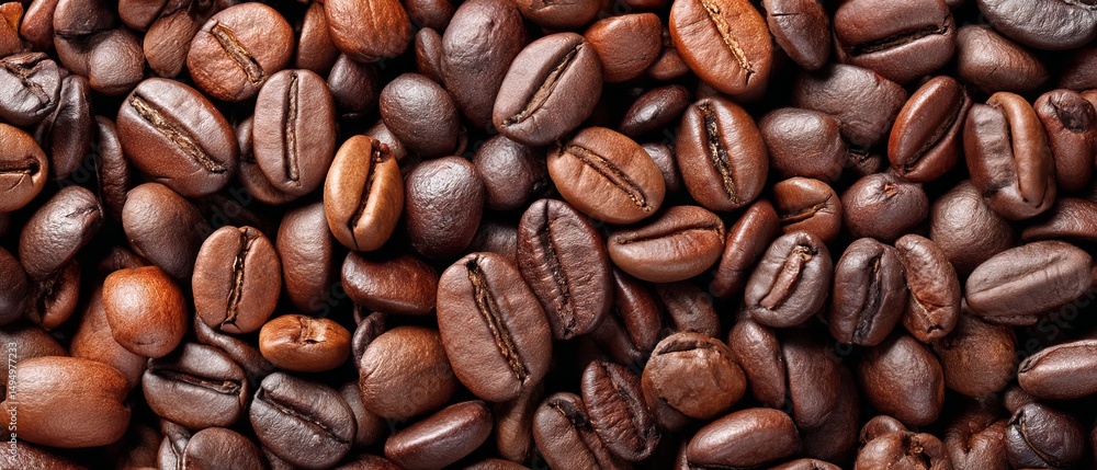 Fototapeta premium Full-frame close-up of glossy roasted coffee beans creating rich aromatic brown textured background ideal for espresso café branding, beverage packaging mockups, and gourmet culinary designs