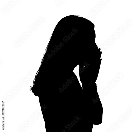 Silhouette of woman covering face with hands in despair depression sadness grief pain suffering 