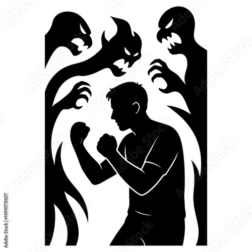 Man fighting demons silhouette vector illustration for mental health awareness and overcoming challenges