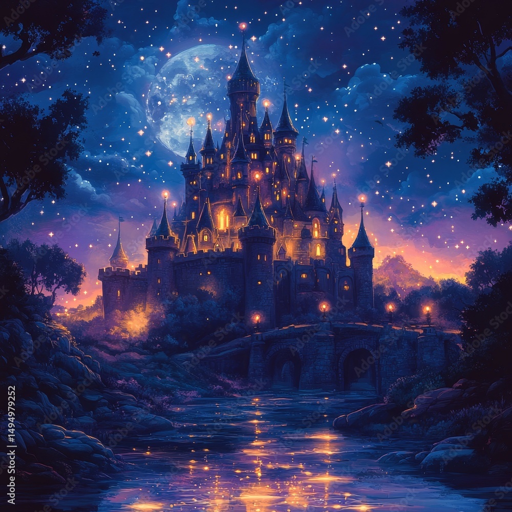 Fototapeta premium Magical castle at night, starry sky, fairytale setting, mystical atmosphere