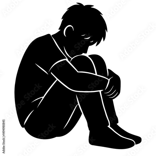 Silhouette of sad depressed boy sitting alone feeling anxiety and mental health issues illustration art