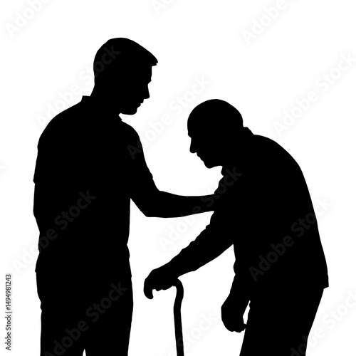 Silhouette of caregiver helping elderly man with cane: senior care assistance and support concept