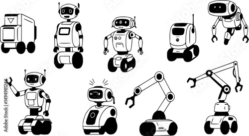 Robots collection. Different type of autonomous robots. Modern linear style illustration.
