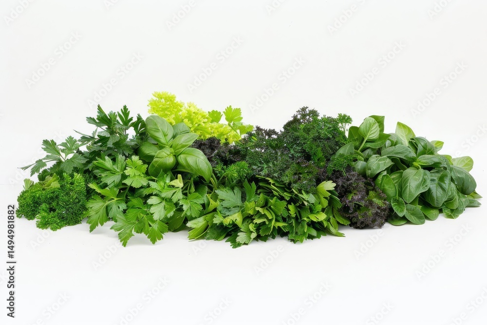 Obraz premium A collection of fresh herbs with various shades of green, including parsley, basil, dill, and lettuce, arranged horizontally on a white surface.