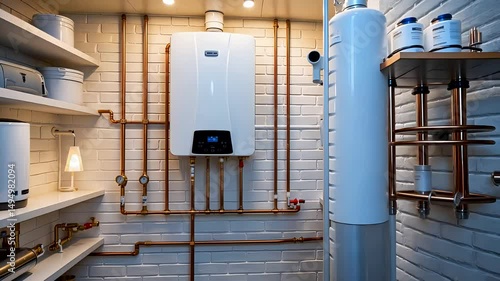 Utility Room with Modern Water Heating and Plumbing System Installed Against White Tile Wall