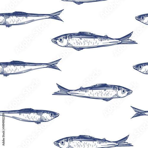 Sardines in a can, fish, seafood, seamless pattern vector illustration set, hand drawn sketch