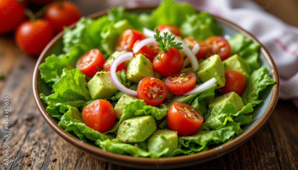 Fresh salad with tomatoes, cucumbers, and lettuce, vibrant and healthy Fresh salad with tomatoes, cucumbers, and lettuce, vibrant and healthy