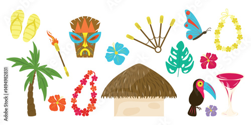 Tropical beach set, Tropical objects collection. Palm tree, tiki mask, bungalow, leaf, flower, toucan, cocktail, lei necklaces, butterfly, fire wicks.