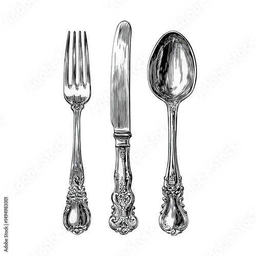 Elegant silverware set vintage cutlery illustration spoons forks knives antique design hand drawn ornate detailed classic restaurant menu food table setting luxury fine on transparent background art