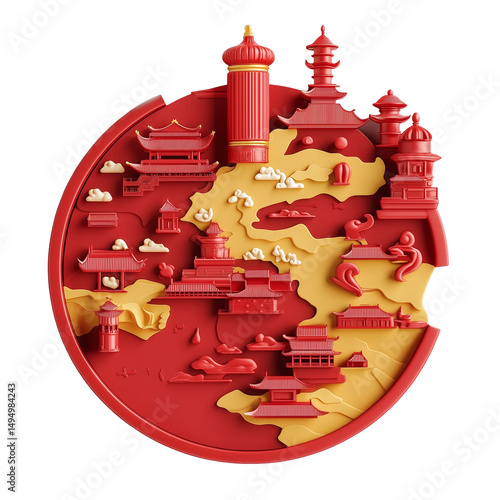 Round map of China with 3D traditional buildings in red and yellow