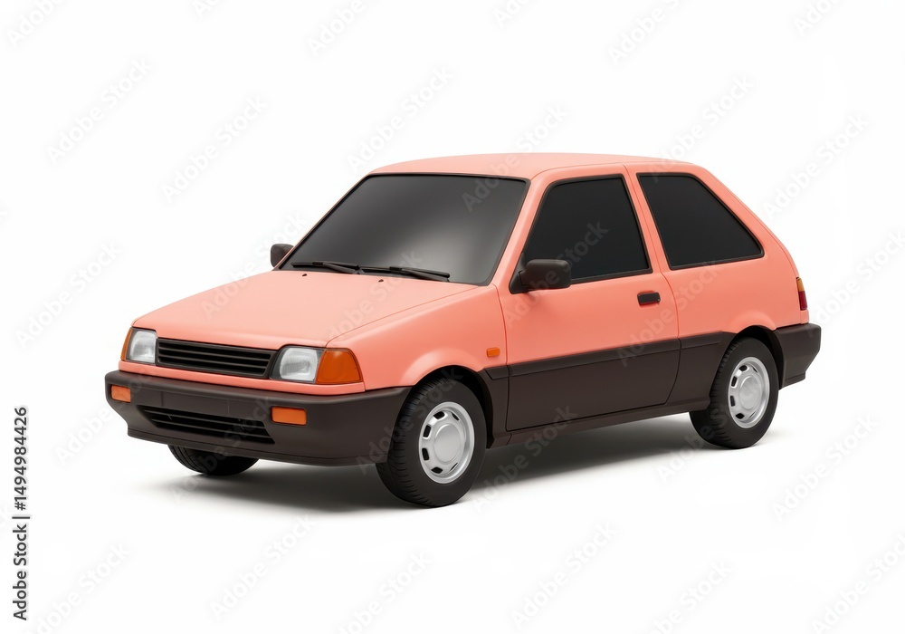 3D Illustration of Salmon colored compact car isolated on white background, front view 3D Illustration of Salmon colored compact car isolated on white background, front view