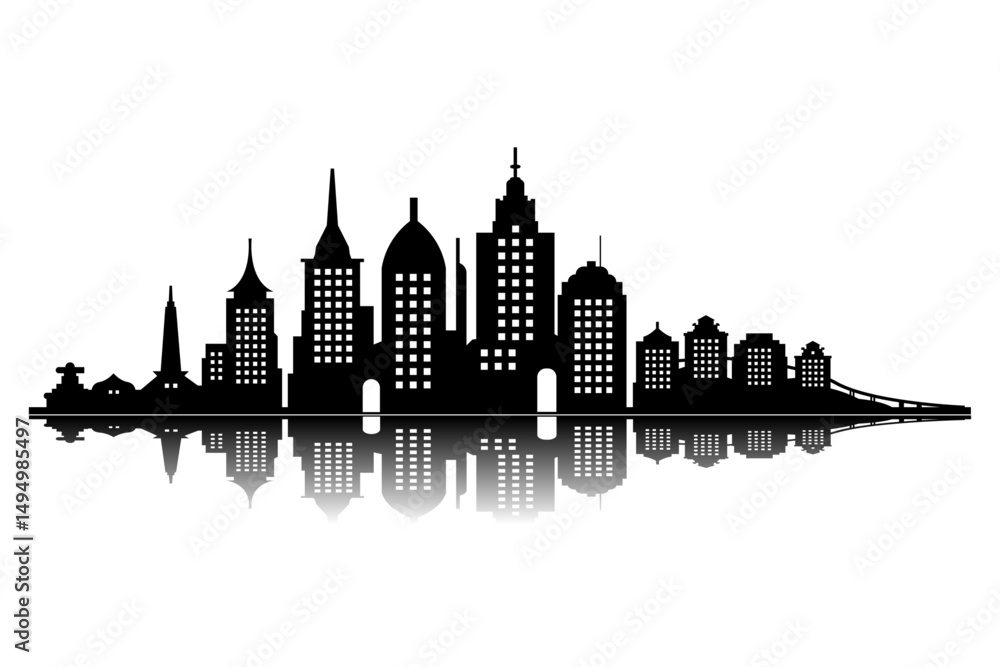 Naklejka premium black vector design city panorama city architecture with reflection below