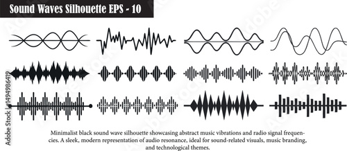 Sound Wave Vector Set Minimalist Black Audio Waves Abstract Music Frequency Signal Silhouette Radio Pulse Vibration Line Design