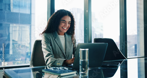 Finance, laptop and smile of business woman in office of investment firm for portfolio growth. Computer, money and wealth with happy broker or trader in corporate workplace for planning or research