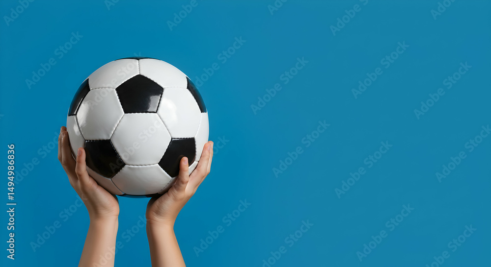 Naklejka premium Hands Holding Soccer Ball Against Bright Blue Background