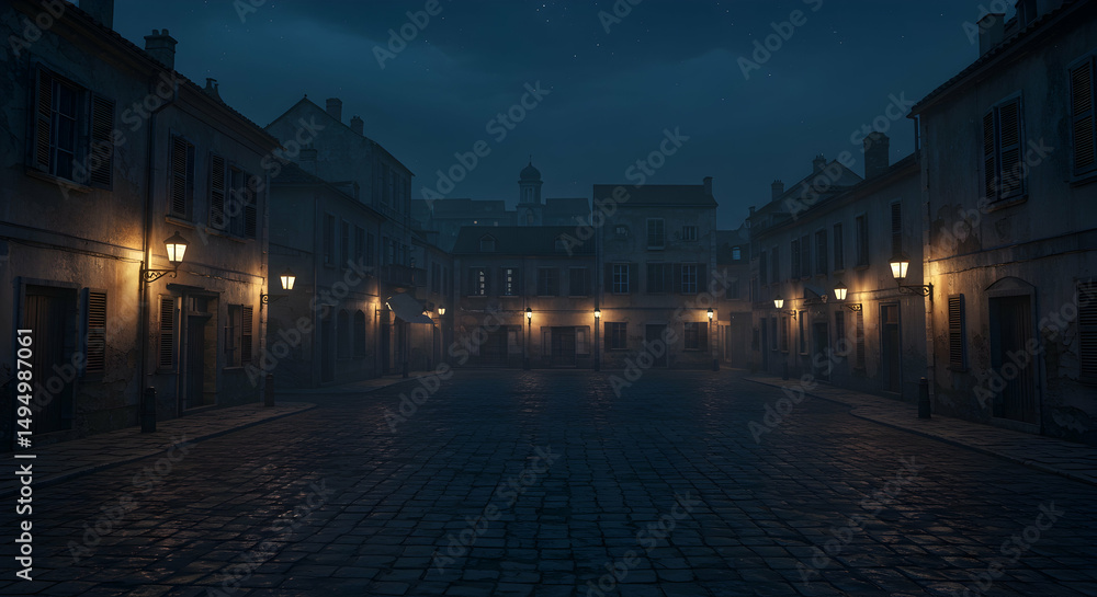 Fototapeta premium Mysterious Foggy Street at Night with Lanterns and Historic Buildings