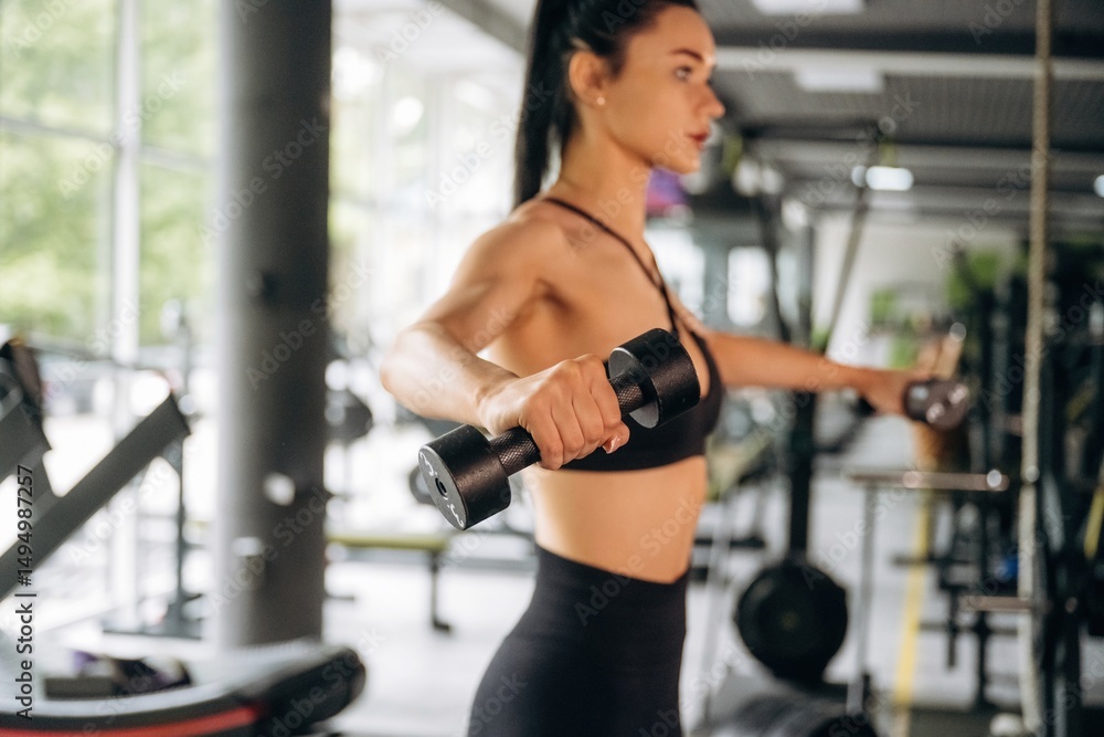 Fototapeta premium Dumbbells in hands, doing exercise. Beautiful woman is at the gym