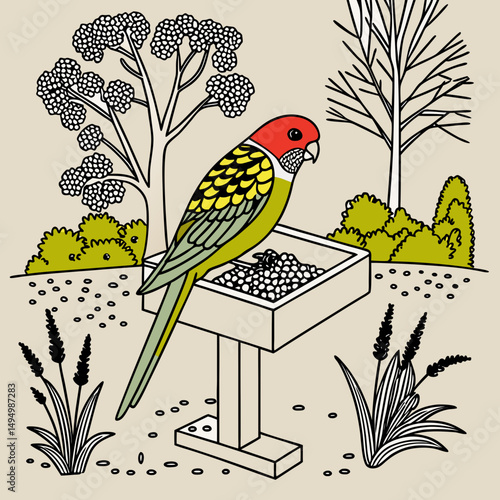 Eastern Rosella perched on rustic feeder in charming Australian garden, vibrant nature illustration.