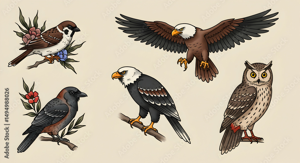 Fototapeta premium Colorful Illustrations of Various Bird Species in Unique Styles
