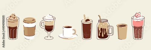 Different types of hot and cold coffee beverage. Espresso, americano cup, cappuccino and latte, iced macchiato in glass. Flat vector illustrations isolated on white background