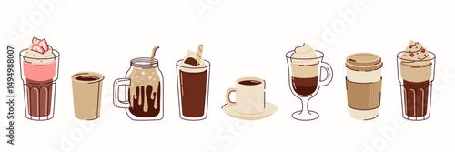 Different types of hot and cold coffee beverage. Espresso, americano cup, cappuccino and latte, iced macchiato in glass. Flat vector illustrations isolated on white background