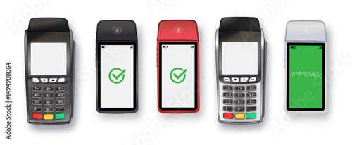 Vector 3D Realistic NFC Payment Terminal. Credit Card. Payment Machine. Template for Bank Payment Contactless Terminal. POS Terminal.