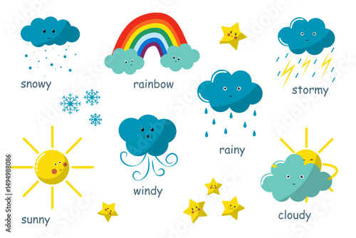 weather cartoon set on a white background. sunny, star, rainbow, windy, cloudy, snowy, stormy. weather character with smile and angry face. Flash cards for preschool, children. Vector illustration