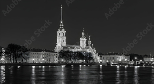 Nighttime Cityscape of Peter and Paul Cathedral, St. Petersburg, Russia