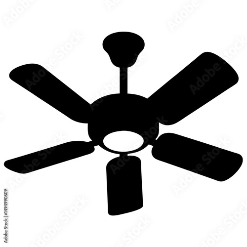 Black silhouette of a ceiling fan with five blades on white