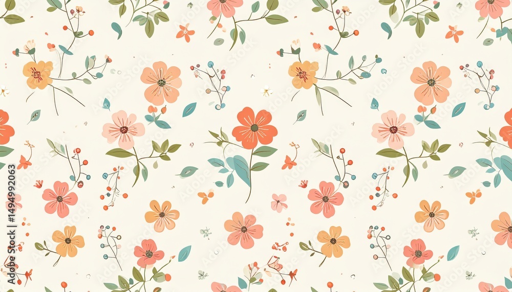 Fototapeta premium Delicate floral pattern on a light beige backdrop.