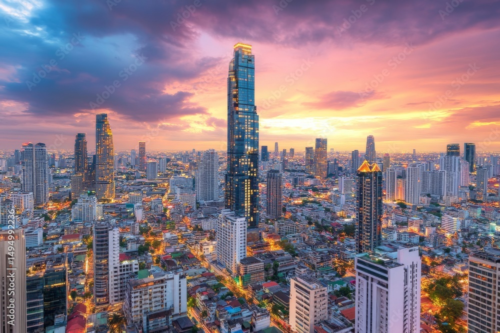 Fototapeta premium A 3D rendered mock up of a blank white road billboard with a Bangkok cityscape background at sunset, representing a street advertising poster, viewed from the side, to convey the concept of marketing