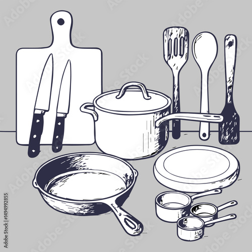 A complete kitchen tool set featuring essential utensils and cookware from sharp chef knives and sturdy cutting boards to versatile pots, pans, and measuring cups