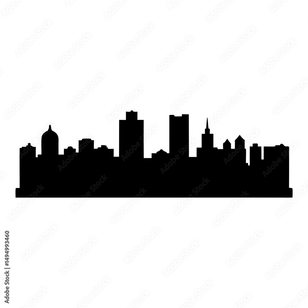 Fototapeta premium Silhouette of city skyline with various buildings and structures on white background