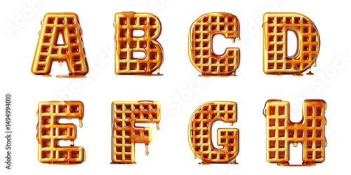 Concept of waffle alphabet typography : Letters A, B, C, D, E, F, G, and H made from waffles with dripping syrup, isolated on white background