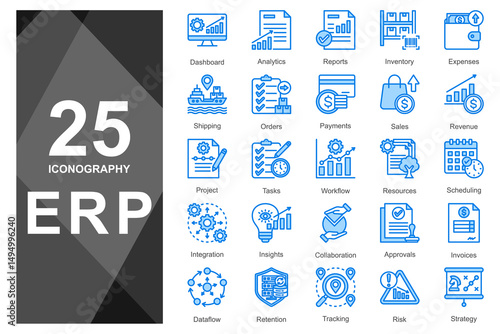 Bold blue icons for ERP and enterprise dashboards.    