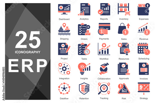 Vibrant orange duotone glyph icons for ERP tools.     